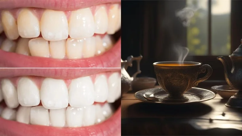 Dientes con y sin sarro y una taza. 