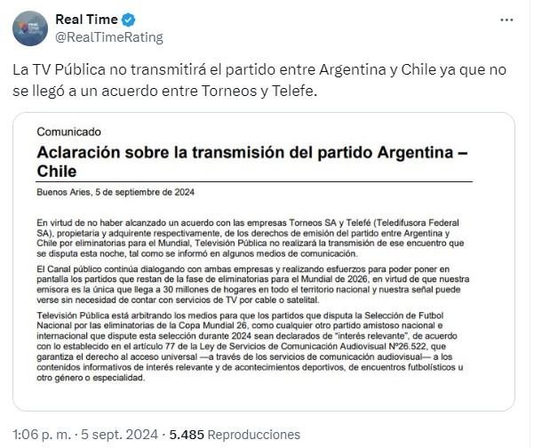 Por qué la TV Pública no pasa el partido entre Argentina y Chile
