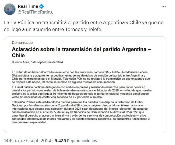 Por qué la TV Pública no pasa el partido entre Argentina y Chile