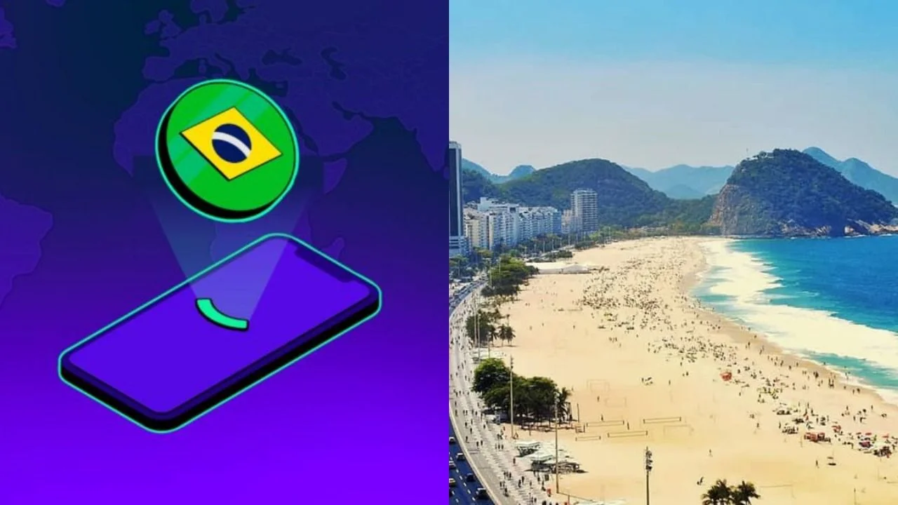 Celular con la bandera de Brasil y playa brasileña