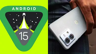 Logo de Android 15 y celular Motorola Logo de Android 15 y celular Motorola