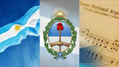 Bandera de Argentina, el escudo nacional y la partitura del himno Bandera de Argentina, el escudo nacional y la partitura del himno