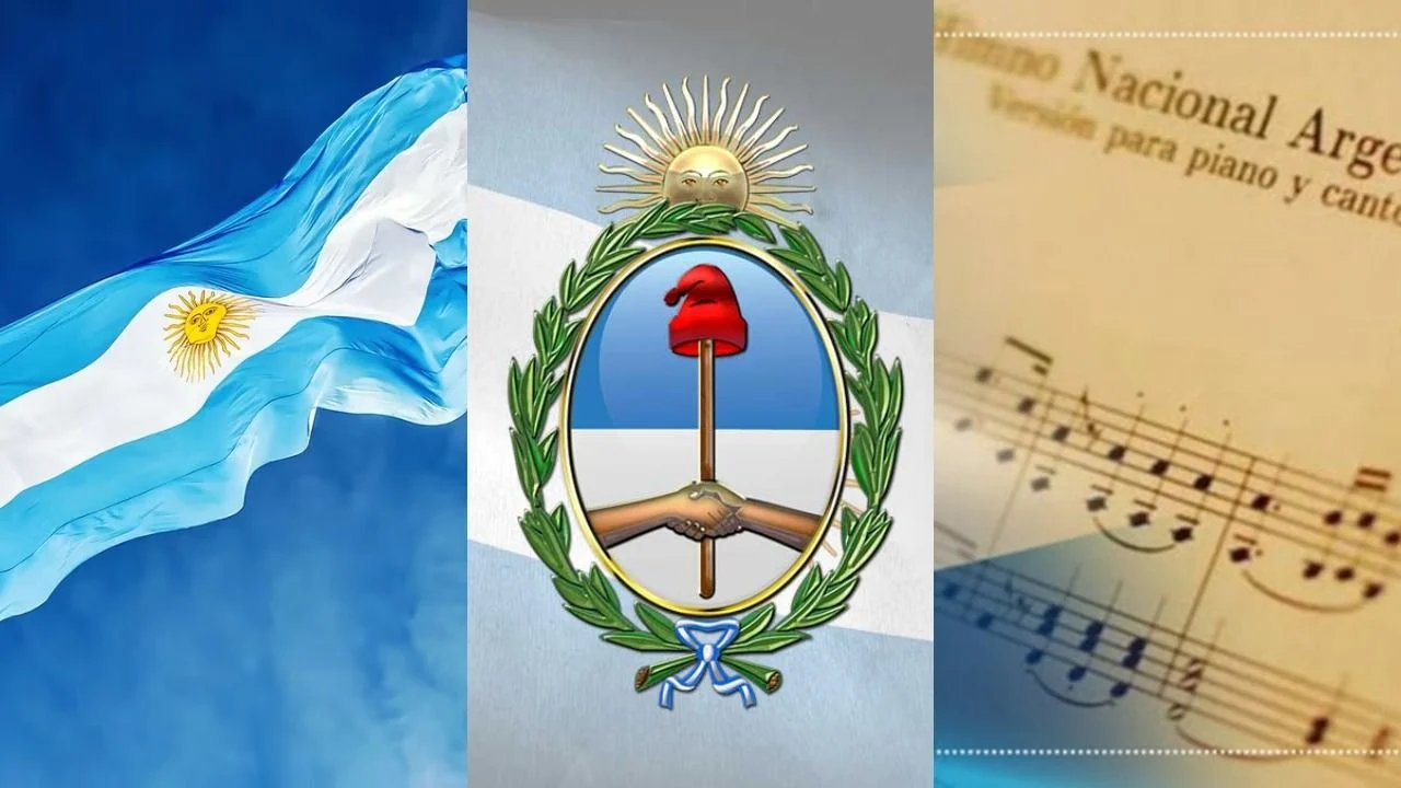 Bandera de Argentina, el escudo nacional y la partitura del himno