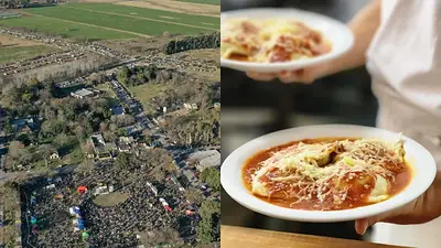 Vista aérea de Tomás Jofré y platos de ravioles Vista aérea de Tomás Jofré y platos de ravioles