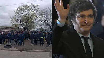 Trabajadores protestando y Javier Milei Trabajadores protestando y Javier Milei