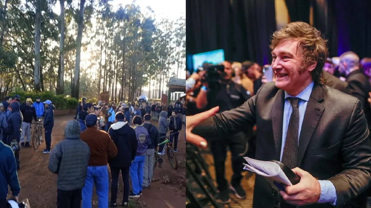 Trabajadores reclamando y Javier Milei