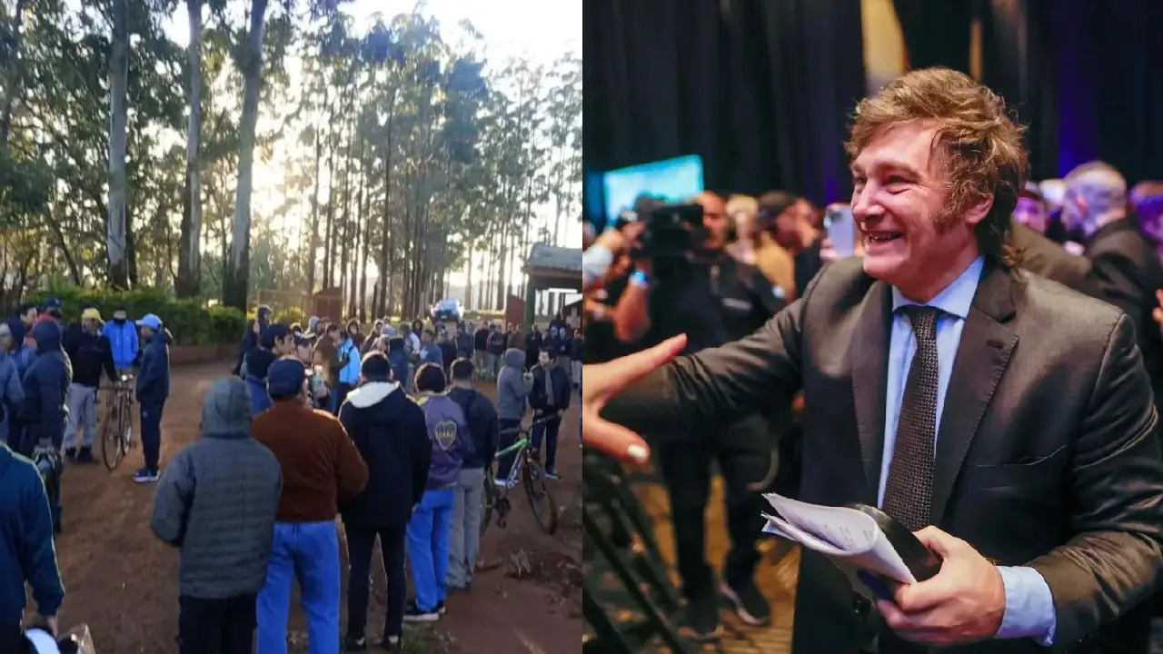 Trabajadores reclamando y Javier Milei