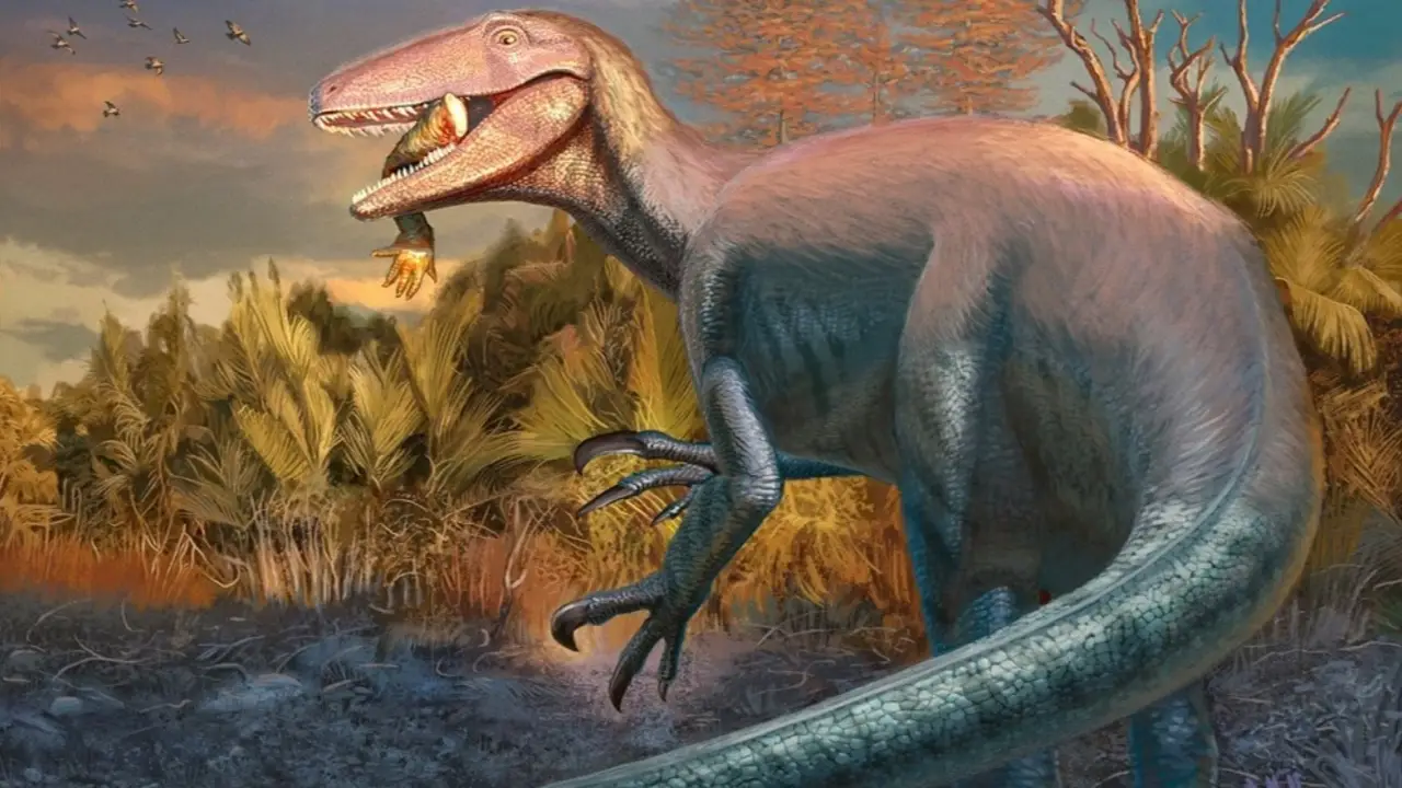 Reconstrucción en vida del nuevo dinosaurio carnívoro Joaquinraptor casali. Ilustración por Andrew McAfee,