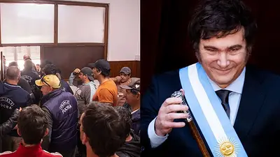 Trabajadores reclamando y Javier Milei Trabajadores reclamando y Javier Milei