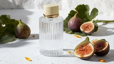 Frasco de perfume rodeado de higos Frasco de perfume rodeado de higos