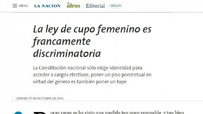 Otro polémico editorial de La Nación: ahora fue contra la ley de paridad de género Otro polémico editorial de La Nación: ahora fue contra la ley de paridad de género