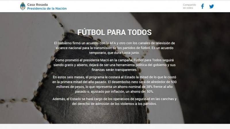 La web de Casa Rosada aún mantiene las promesas de Fútbol Para Todos