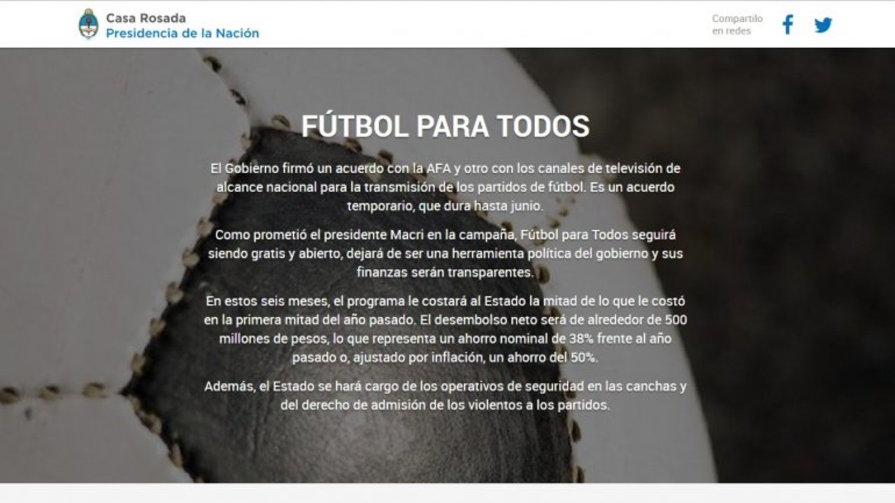 La web de Casa Rosada aún mantiene las promesas de Fútbol Para Todos
