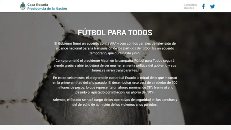 La web de Casa Rosada aún mantiene las promesas de Fútbol Para Todos