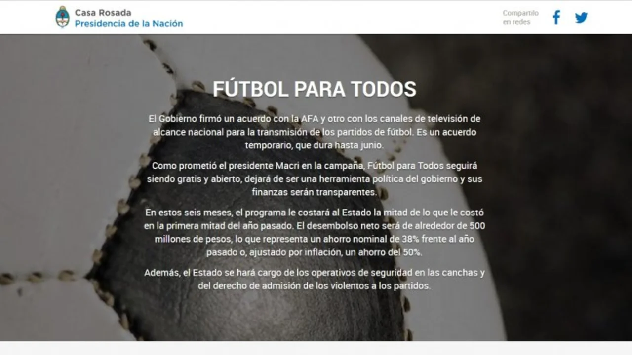 La web de Casa Rosada aún mantiene las promesas de Fútbol Para Todos