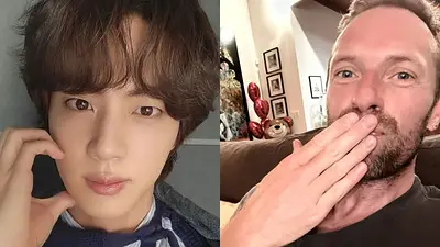 Jin de BTS y Chris Martin de Coldplay. Jin de BTS y Chris Martin de Coldplay.