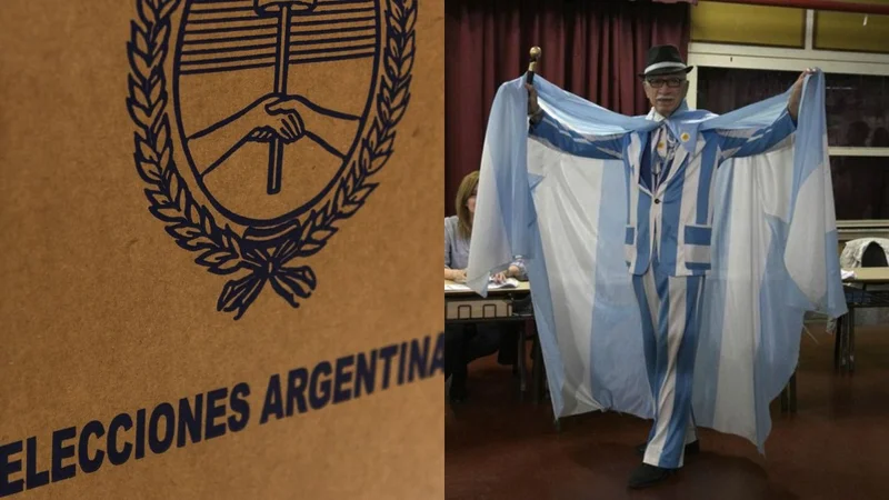 Una urna y hombre que fue vestido con los colores de la bandera argentina