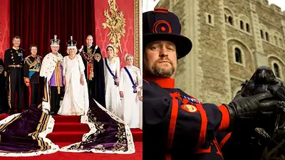 La familia real británica y uno de los cuervos de la Torre de Londres La familia real británica y uno de los cuervos de la Torre de Londres