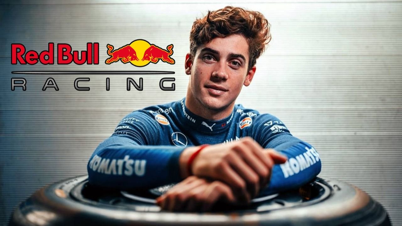Franco Colapinto y el logo de Red Bull Racing.