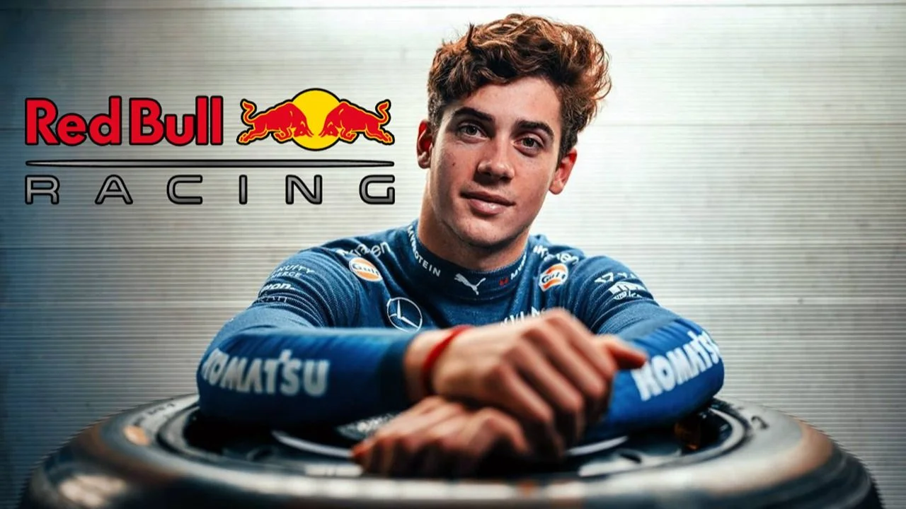Franco Colapinto y el logo de Red Bull Racing.