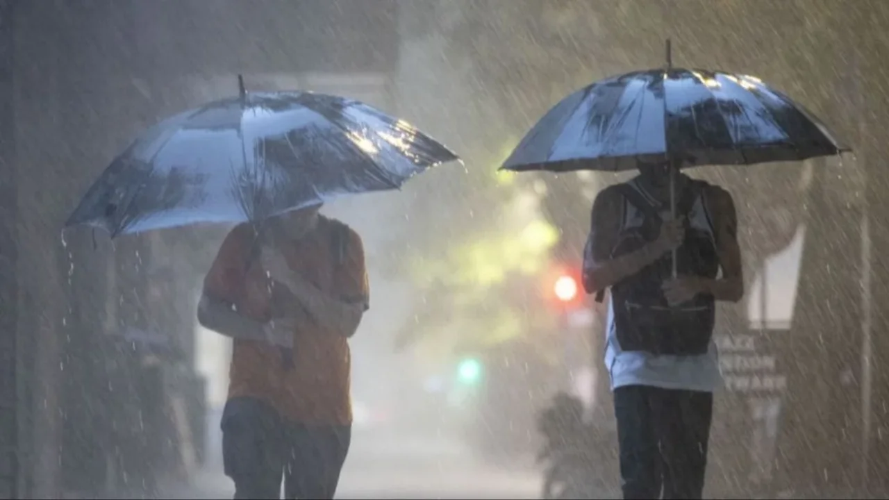 Dos personas con paraguas bajo la lluvia.