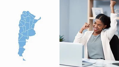 Mapa de argentina y una mujer celebrando en frente de una computadora Mapa de argentina y una mujer celebrando en frente de una computadora