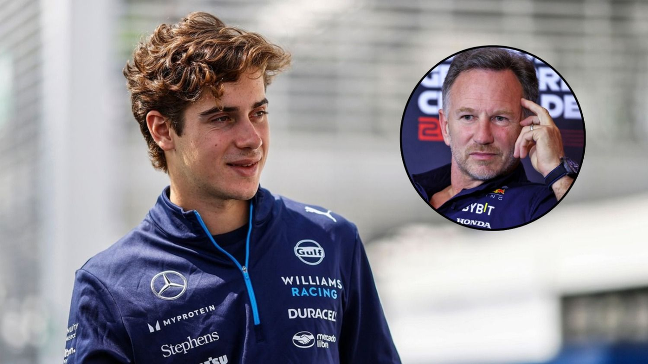 Franco Colapinto con las ropas de Williams mirando hacia Horner.