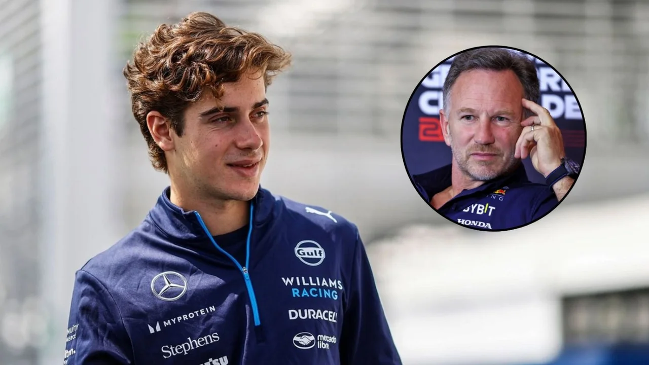 Franco Colapinto con las ropas de Williams mirando hacia Horner.