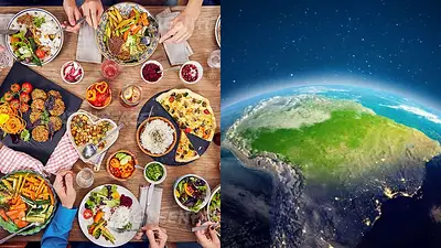 Mesa con comida y vista desde el espacio de Sudamérica Mesa con comida y vista desde el espacio de Sudamérica