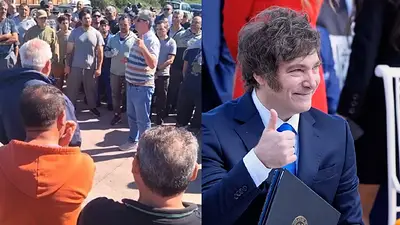 Trabajadores reclamando y Javier Milei Trabajadores reclamando y Javier Milei