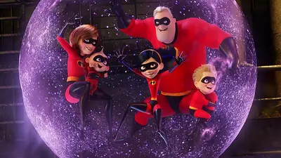 Escena de película animada, familia Increíble Escena de película animada, familia Increíble