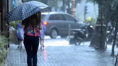 Persona con un paraguas bajo la lluvia Persona con un paraguas bajo la lluvia