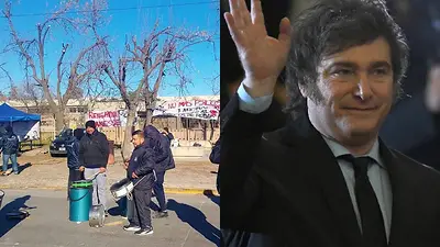 Trabajadores reclamando y Javier Milei Trabajadores reclamando y Javier Milei
