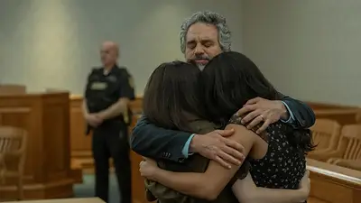 Mark Ruffalo y actrices se abrazan en juicio, escena de Task. Mark Ruffalo y actrices se abrazan en juicio, escena de Task.