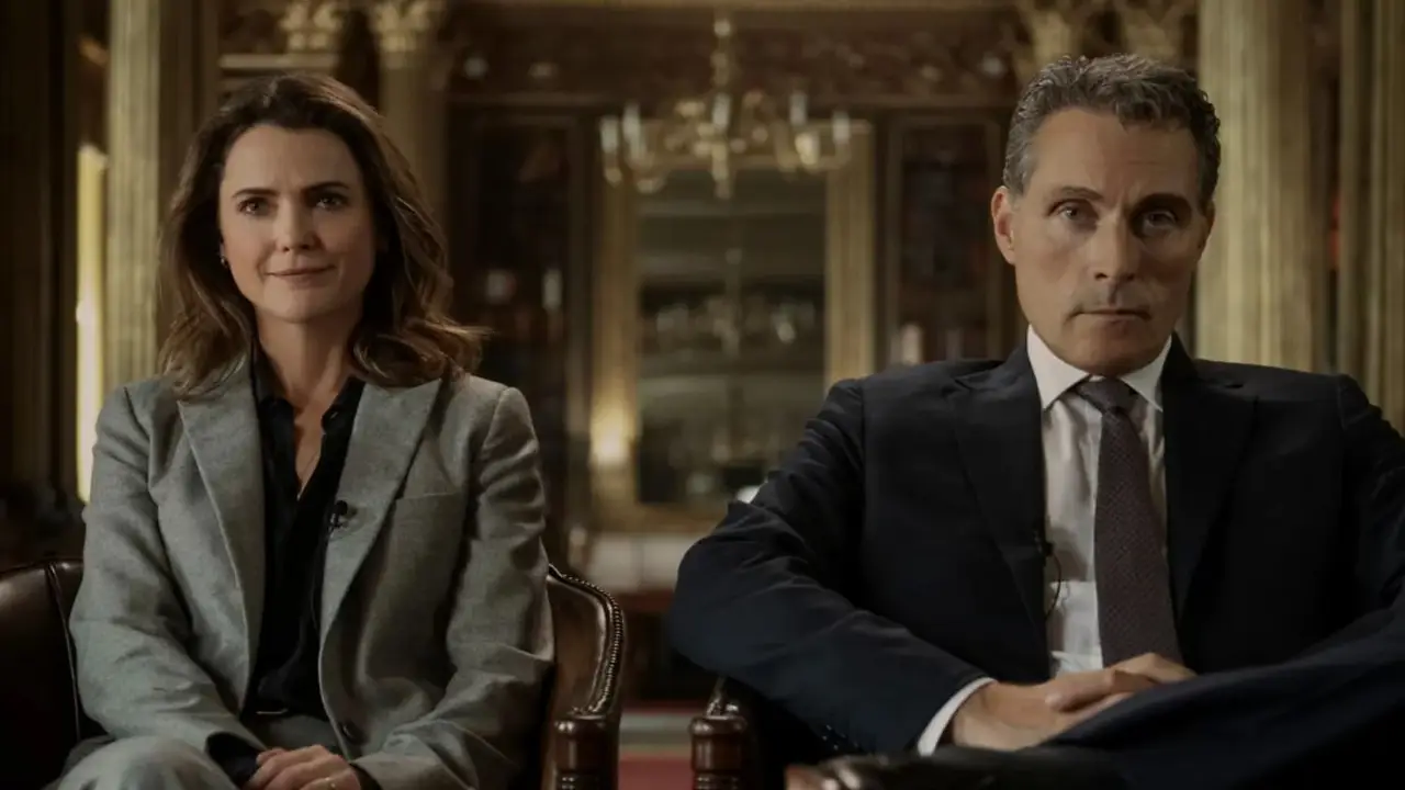 Actriz y actor en traje, en escena de serie de Netflix