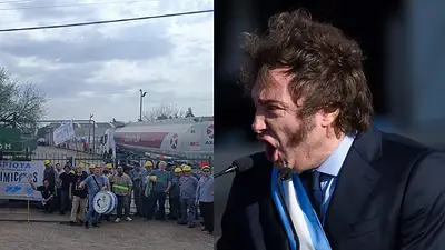 Trabajadores reclamando y Javier Milei Trabajadores reclamando y Javier Milei