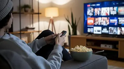 Mujer ve televisión y come pochoclos Mujer ve televisión y come pochoclos