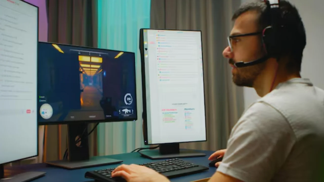 Jugador frente a varias pantallas mientras analiza un videojuego en PC
