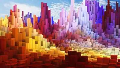 Paisaje tridimensional construido con bloques inspirado en el diseño de videojuegos tipo sandbox Paisaje tridimensional construido con bloques inspirado en el diseño de videojuegos tipo sandbox