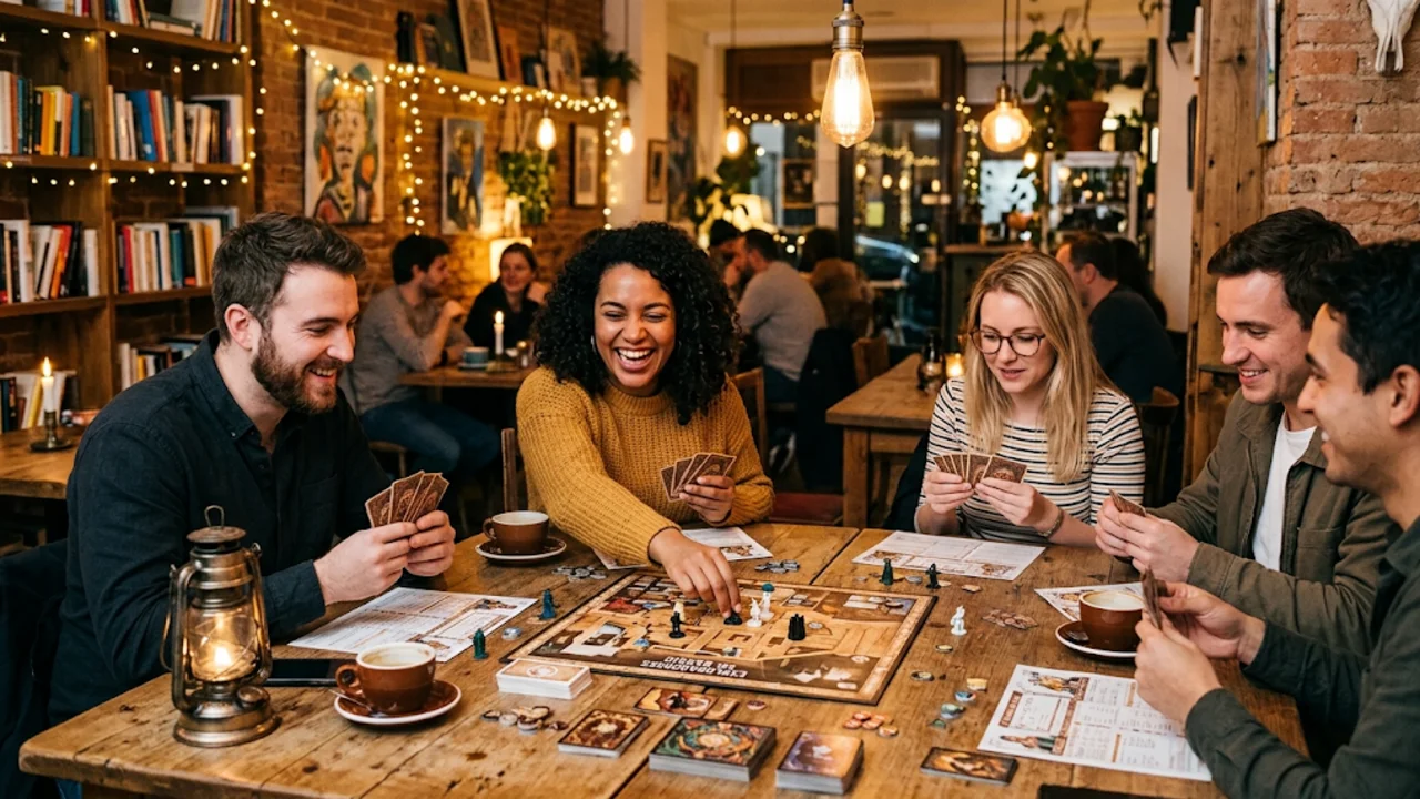 Grupo de personas juega juegos de mesa y cartas en un café
