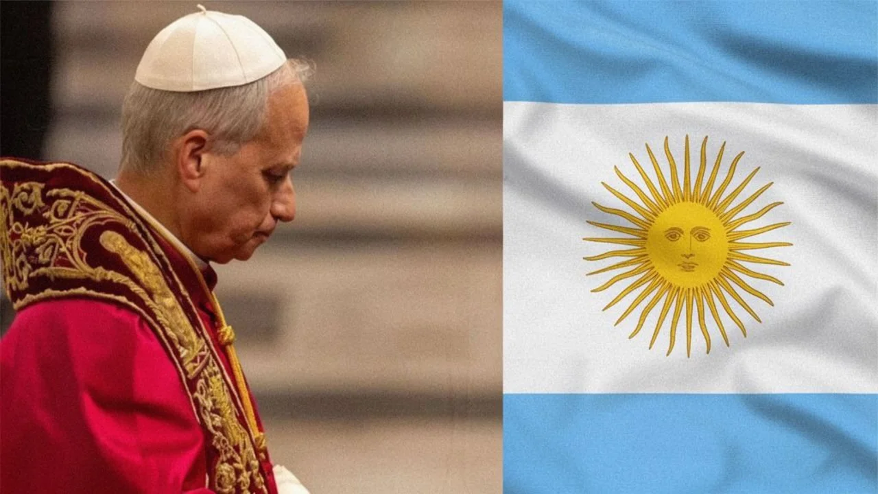 Papa León XIV, bandera argentina, ilustración editorial