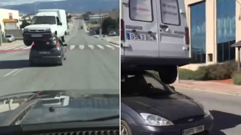 Insólito: lleva una camioneta sobre el techo de su auto