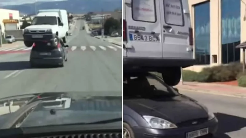 Insólito: lleva una camioneta sobre el techo de su auto
