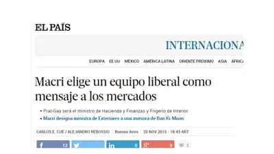 Según el diario El País el gabinete de Macri es "una señal para los mercados" Según el diario El País el gabinete de Macri es "una señal para los mercados"