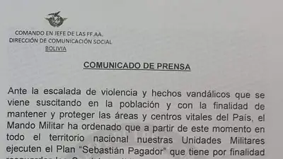 Las Fuerzas Armadas de Bolivia piden resguardar los servicios públicos esenciales Las Fuerzas Armadas de Bolivia piden resguardar los servicios públicos esenciales