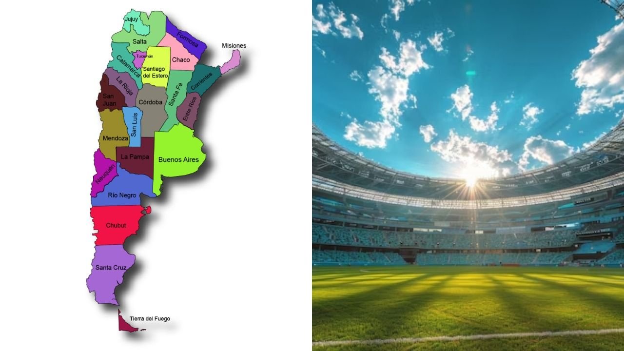 Mapa de Argentina y un estadio de fútbol