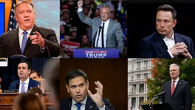 De izquierda a derecha arriba: Mike Pompeo, Robert F Kennedy Jr y Elon Musk. De izquierda a derecha abajo: John Ratcliffe, Marco Rubio y Robert O'Brien. De izquierda a derecha arriba: Mike Pompeo, Robert F Kennedy Jr y Elon Musk. De izquierda a derecha abajo: John Ratcliffe, Marco Rubio y Robert O'Brien.