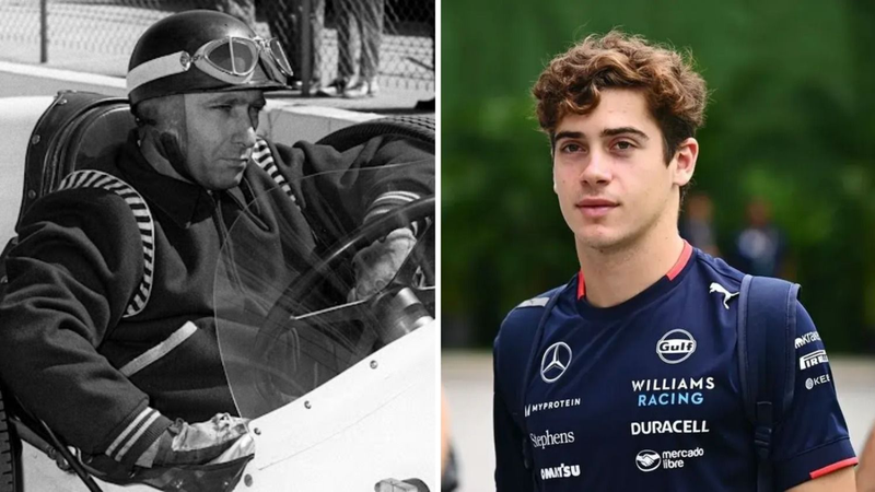 Imagen dividida en dos con Fangio de un lado y Colapinto del otro.