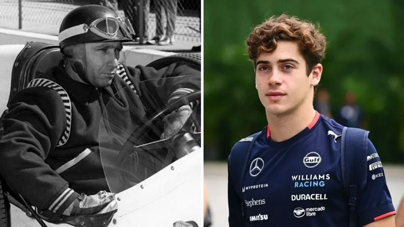 Imagen dividida en dos con Fangio de un lado y Colapinto del otro.
