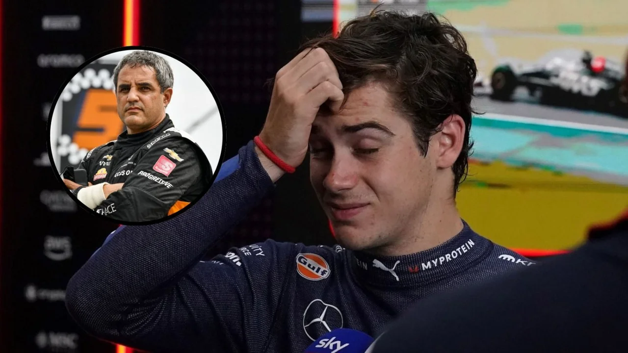 Franco Colapinto lamentándose y una imagen de Juan Pablo Montoya.